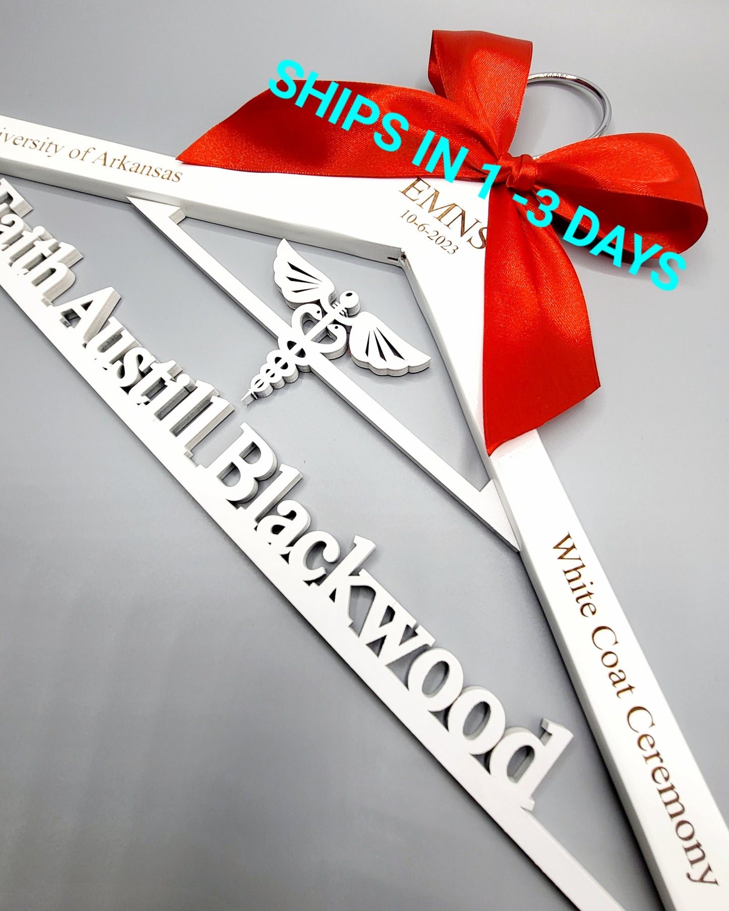 Laser Cut /Laser Engraving on ARMS / 2 Line Medical School Graduation Gifts, First White Coat Hanger , Personalized Doctor Hanger