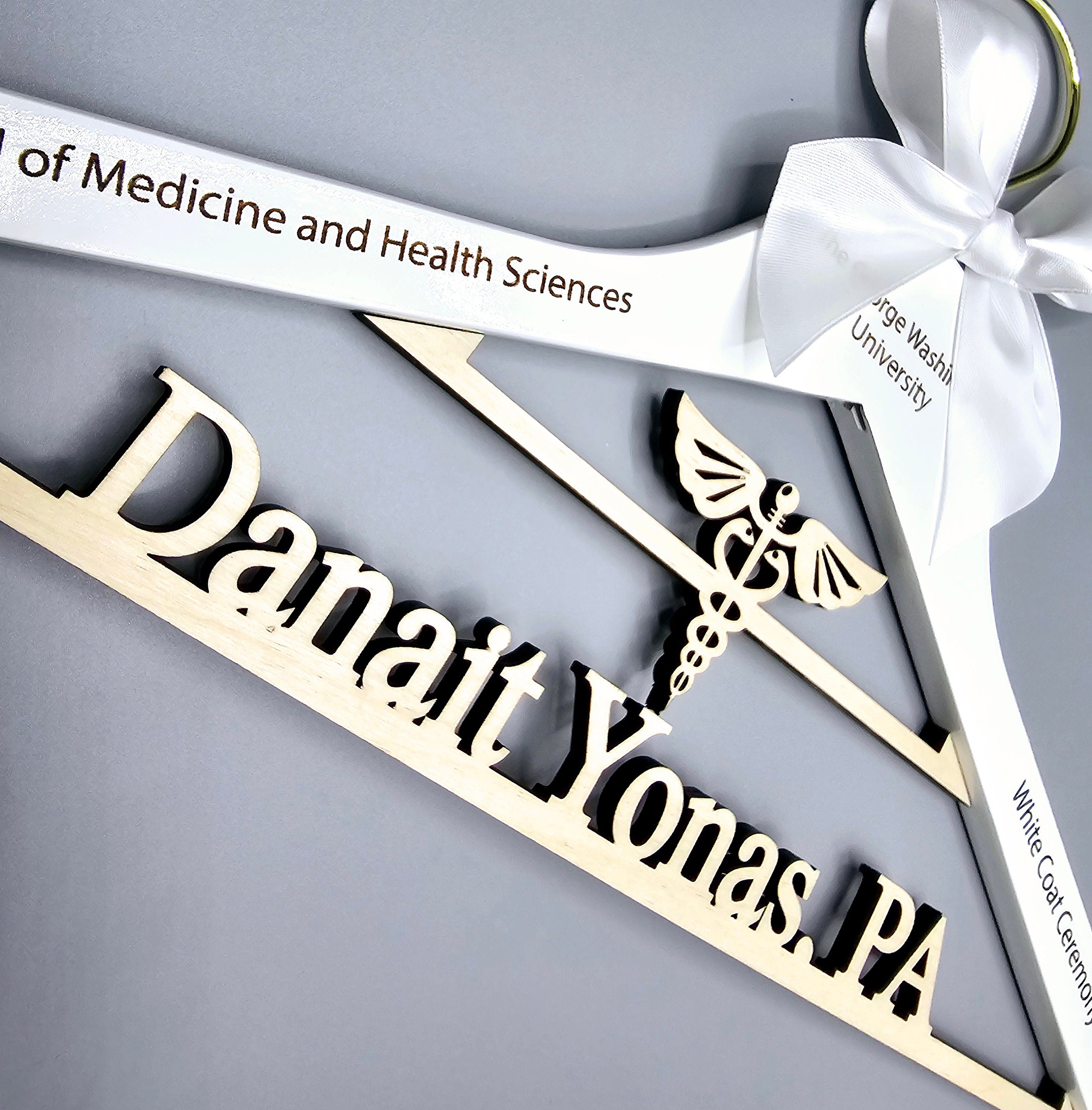 Medical School Graduation Gifts, First White Coat Hanger with school n