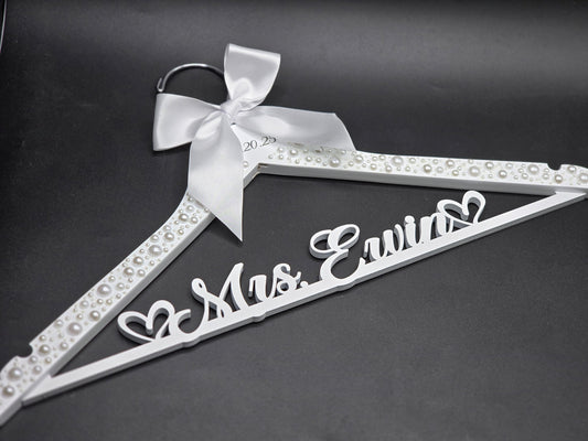 Pearl decorated Wooden Bridal Personalized Wedding Dress Hanger