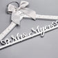 Personalized pearl bridal hanger with silver satin bow and custom name, elegant luxury wedding hanger handmade in U.S.A