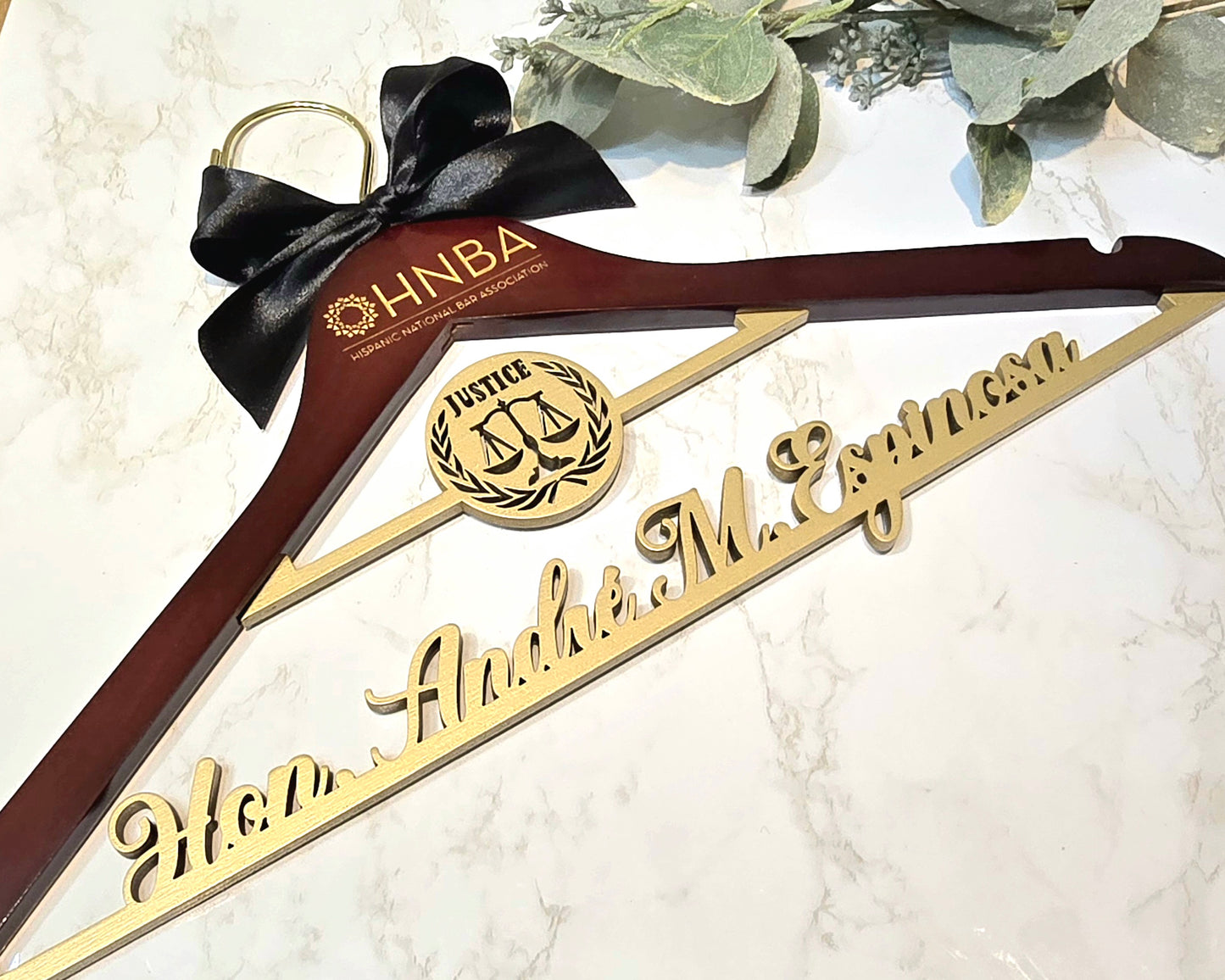 Custom wood hanger for judges or lawyers, perfect for law school graduation or new appointment gift