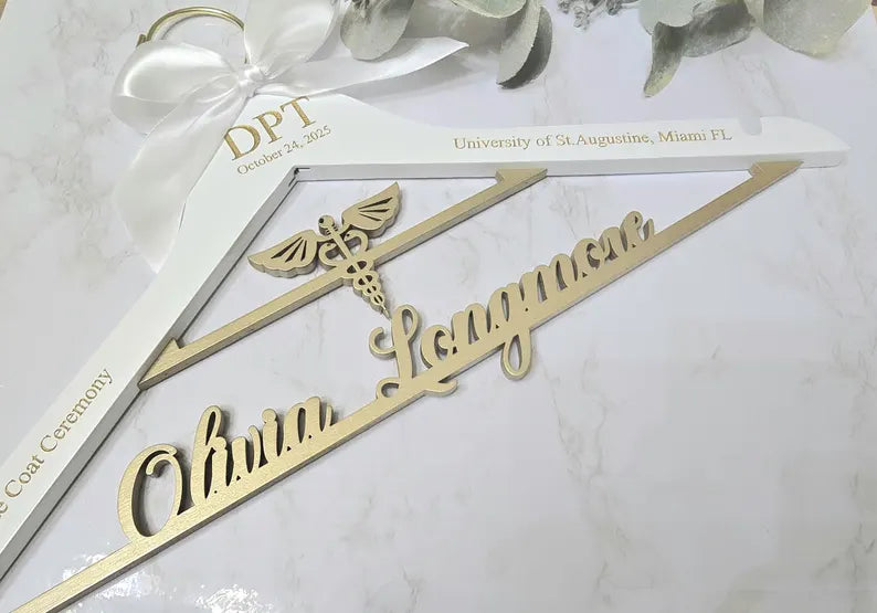 Custom personalized laser-cut wooden doctor hanger with Caduceus medical symbol and engraved name, handmade in U.S.A