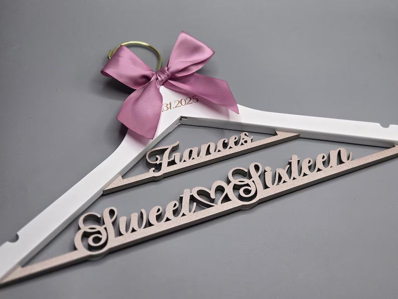 Custom sweet sixteen birthday personalized hanger with satin bow wooden name keepsake, unique gift made in U.S.A