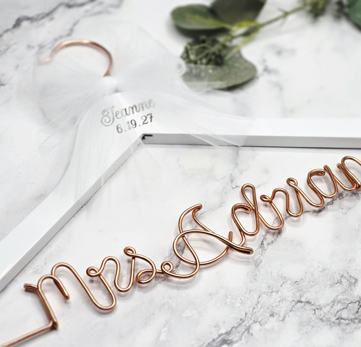 Scriot font wired name wedding hanger with date and first name laser engraved