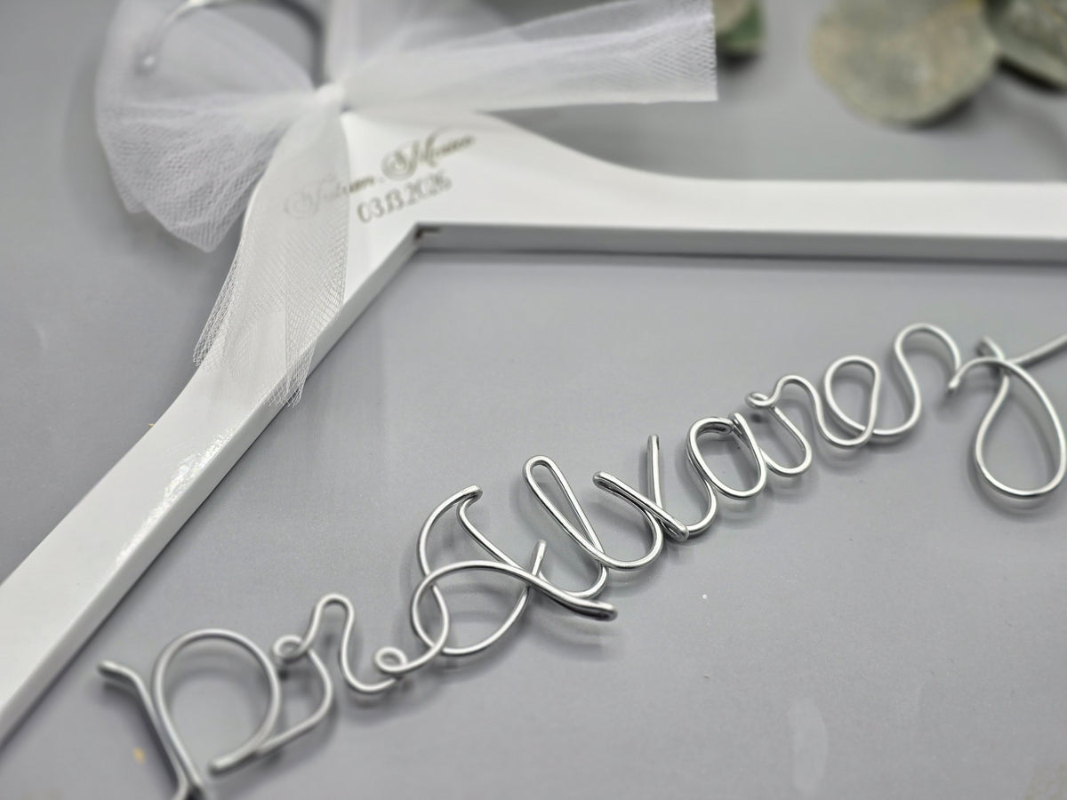 Scriot font wired name wedding hanger with date and first name laser engraved