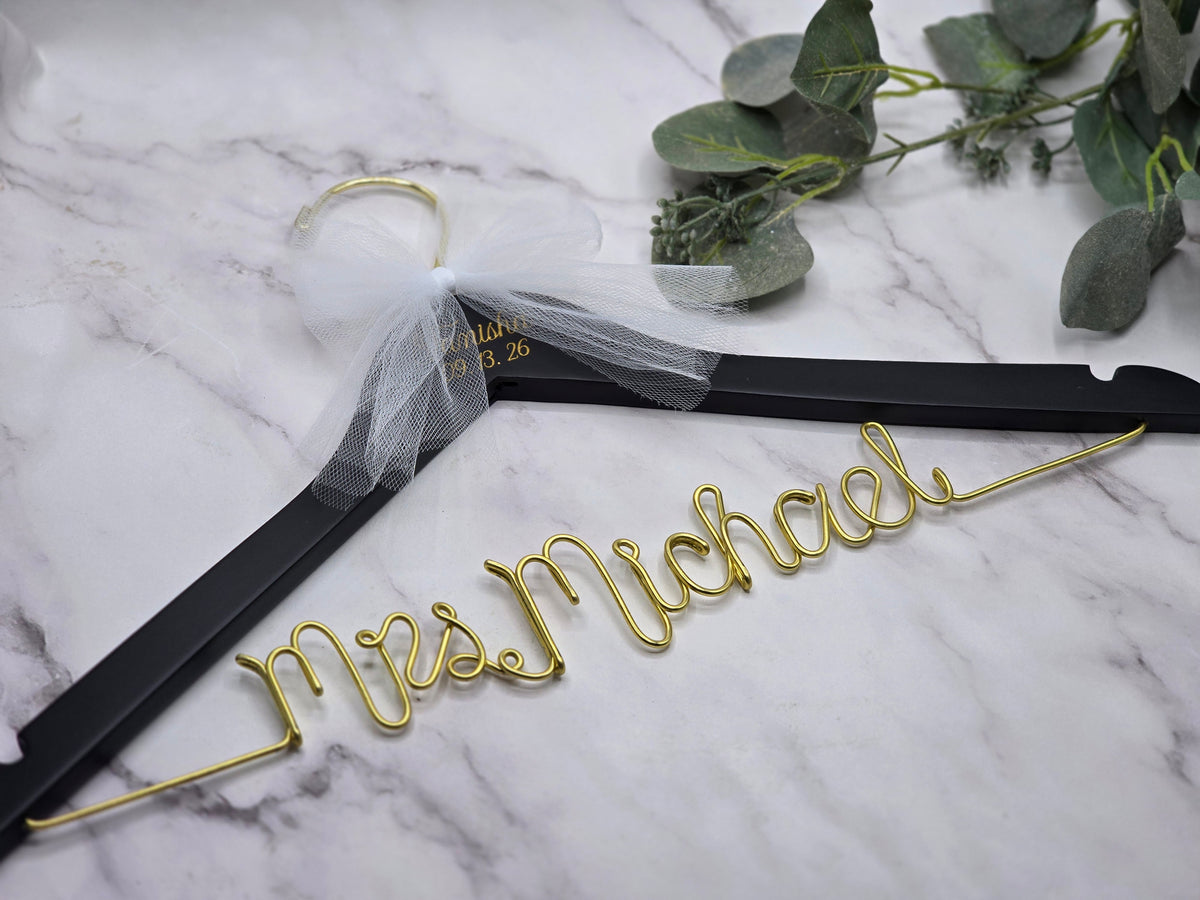 Scriot font wired name wedding hanger with date and first name laser engraved