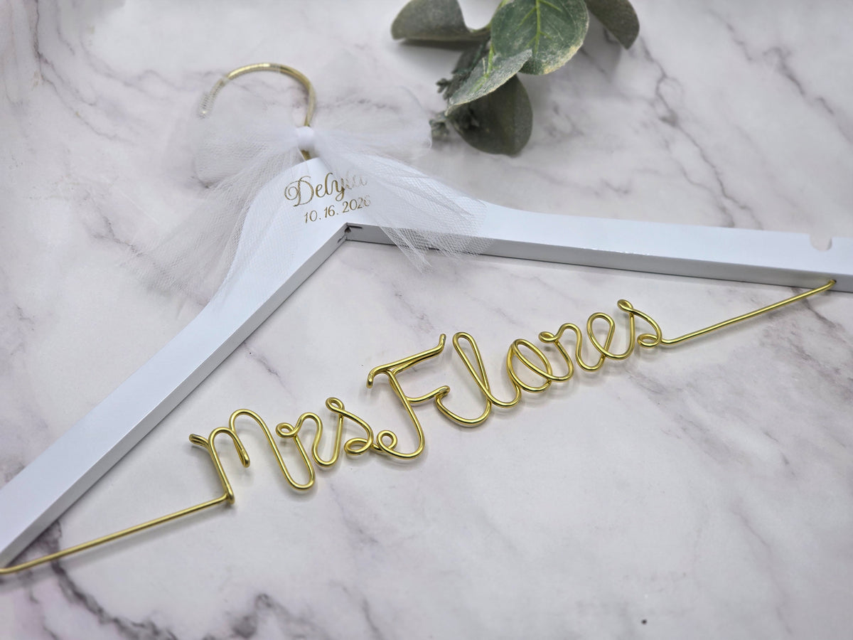 Scriot font wired name wedding hanger with date and first name laser engraved